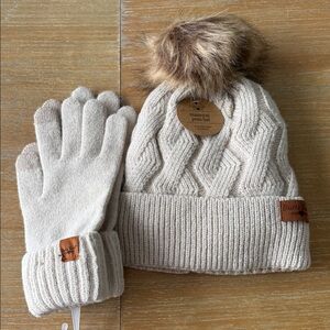 Elegant Beige Knit Hat and Glove Set with Faux Fur Pom